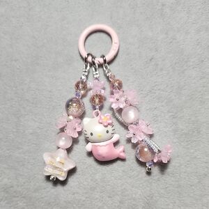 Hello Kitty Pink Mermaid Charm Keyring with Beads & Flower Accents